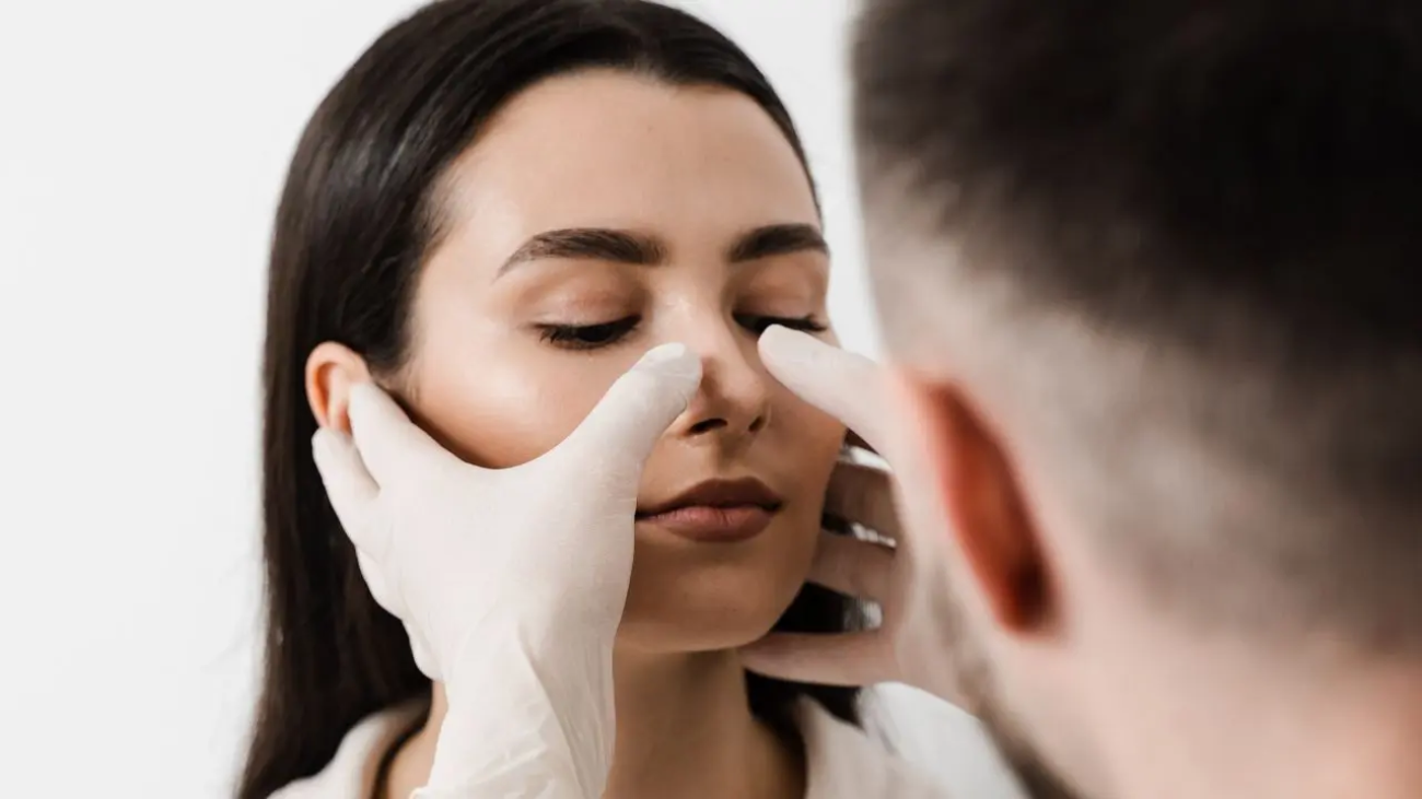 Un otorrino monitoriza a una mujer que muestra los resultados reales de una rinoplastia